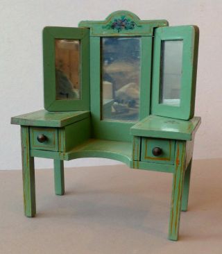 Vintage Dollhouse Miniature Green Hand Painted Wood Dressing Table P2060
