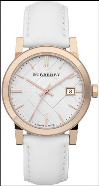 Burberry Bu9108 Classic 34 Mm Rose Gold Tone White Leather Swiss Watch