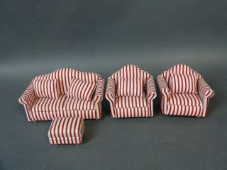 Dolls House Sofa Set 1:12th Scale Red White Pinstripe Arm Chairs Cushions Sa/bw