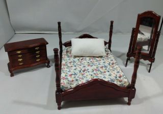 Vintage Bombay Wooden Doll House Miniatures 3pc Bedroom Set Bed Dresser Mirror