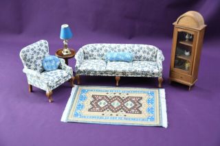 Doll Furniture Sofa & Wing Back Chair,  Etagere Cabinet,  Table And Art Deco Lamp