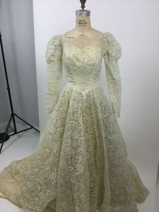 Vintage 1950s Lace Sequin Wedding Dress Peak Waist Long Sleeves Train 50s