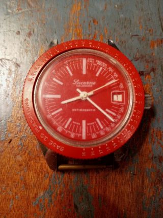 Vintage Swiss Made Lucerne Calendar Anti - Magnetic Mechanical Watch.  Rare Red Dial