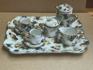 Complete Vintage Porcelain Doll House Miniature Tea Set W Fruit And Leaves