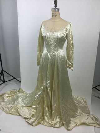 Vintage 1940s Slipper Beaded Wedding Dress Peak Waist Long Sleeves Train 40s
