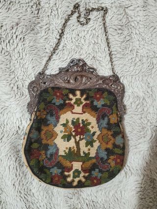 Victorian Tapestry Purse Bag Vintage Silver Metal Frame Floral Clutch.  9×7.  5 "