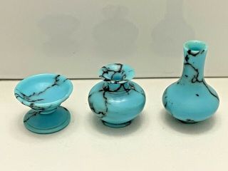 Vase Set Of 3 Turquoise & Black Artisan Dollhouse Miniature 1:12 Scale Unsigned