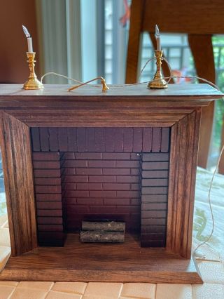 Vintage Miniature Dollhouse Wood Fireplace With Faux Brick,  Wood & 2 Candles