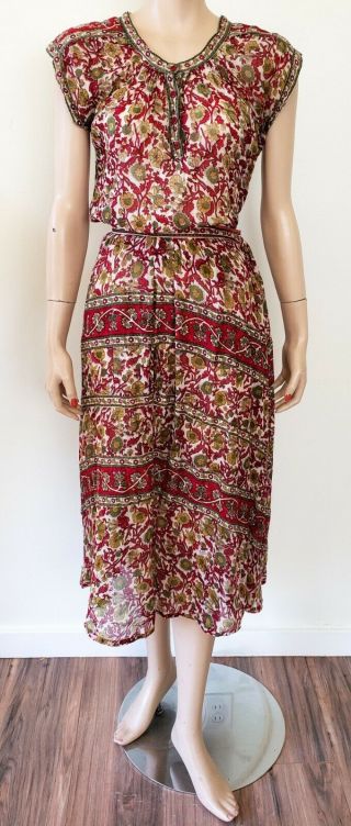Vtg Star Of India Indian Cotton Gauze Floral Block Print 2 Pc Skirt Top Set Boho