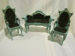 Vintage Handcrafted Wood & Velvet Doll House Queen Anne Sofa & 2 Chairs Canas