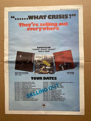 Supertramp Crisis? What Crisis?.  Tour Poster Sized Music Press Advert