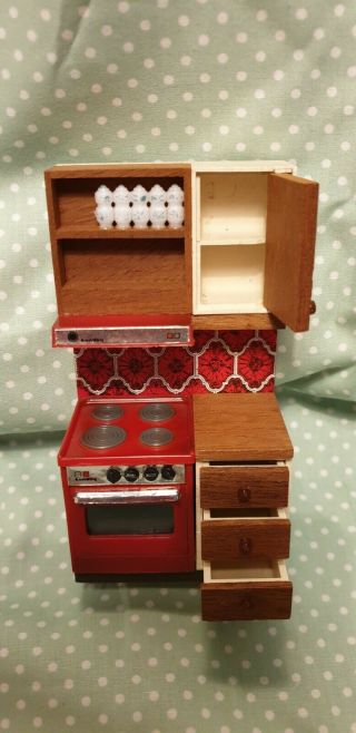 Vintage Dolls House Lundby Red Tiled Kitchen Cooker Unit 1970 