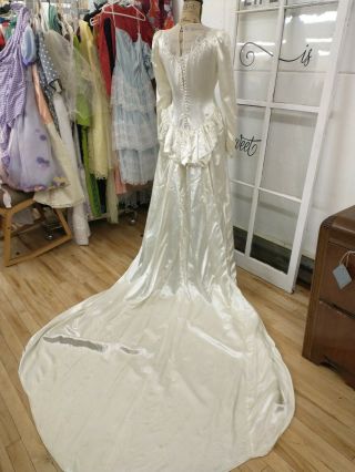 40s Exquisite Satin Wedding Gown Pearl Beads Derriere Bustle