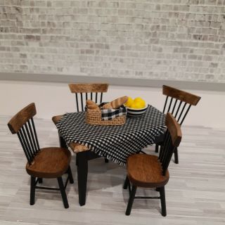 Dollhouse Miniatures 1:12 Wood Table,  Black Legs And Chairs & Accessories
