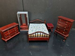 Dolls House Furniture Mahogany Double Bed/draws/tall Boy/cheval Mirror 1.  12th