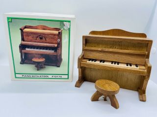 Vintage Dollhouse Miniature Wooden Piano W/ Stool & Box - Teddy Bear Story,  1987