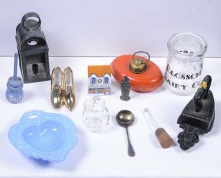 (13) Vintage Miniatures: Lantern Butter Churn Iron & Trivet Shoes House Milk
