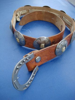 Vintage Horseshoe And Concho Western Wear Handcrafed Leather Tooled Belt