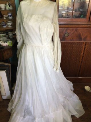 Vintage 1960s Wedding Dress Bridal Gown Sheer Long Sleeve High Neck 60s