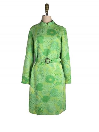 Vintage 1970s Lime Green Cabbage Rose Honeycomb Mod Dress Belted Small Go Go