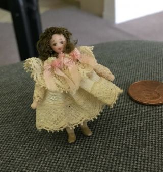 Vintage Artisan Dollhouse Miniature Porcelain Doll 1.  5 Tall,  Marked Ac 93