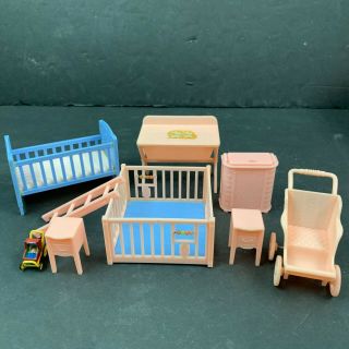 Vintage Renwal Dollhouse Pink Nursery Set Plastic Miniature Furniture 7 Piece