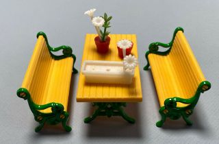 Vtg 1980s Mattel The Littles Dollhouse Metal Die Cast Table Benches Furniture