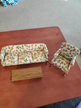 Vintage Dollhouse Miniature Wing Backed Chair,  Sofa And Coffee Table Strawberry