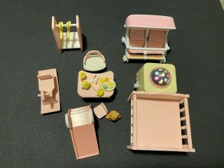 Calico Critters Pink Baby Nursery Set Crib W/ Night Light,  Table,  Chair,  Slide,