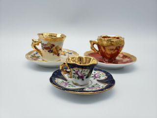 Vintage Set Of 3 Miniature Tea Cups,  Gold Accent,  Doll Size
