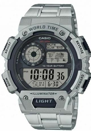 Casio Ae - 1400whd - 1a Digital World Time Stainless Steel Mens Sport Watch Ae - 1400