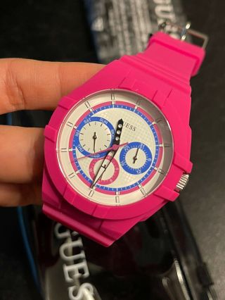Guess Womens Multifunction Watch,  Hot Pink White Blue,  Silicone Band,  Day & Date