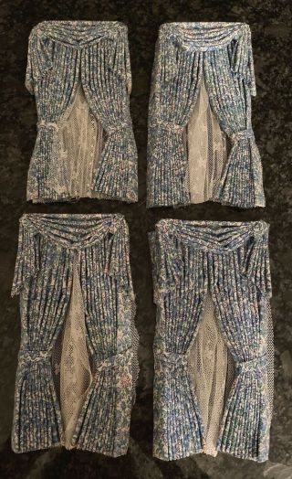 4 Dollhouse Draperies Curtains W Lace Panel Blue White Floral 6 1/2 " 3 1/4 "