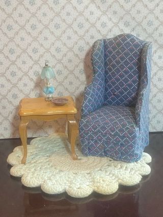 Vintage Dollhouse Wing Back Chair Side Table Lamp Hand Crocheted Rug 1:12