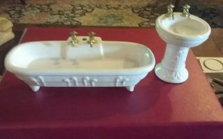Dollhouse Miniature Art Deco Style Bathtub & Pedestal Sink W/faucets - Reeve/line