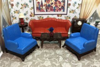 Renwal 7 Pc Living Room Set Vintage Tin Dollhouse Furniture Ideal Plastic 1:16