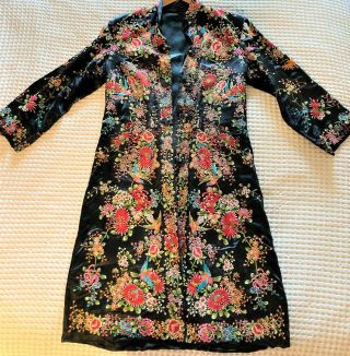 Vintage Embroidered Silk Kimono Jacket For Project Or Repurpose Floral Birds