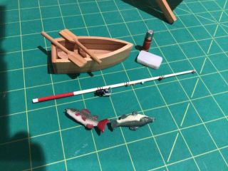 Dolls House Miniatures 1/12 Scale Fishing Boat With Oars,  Fishing Rod,  2 Fish,