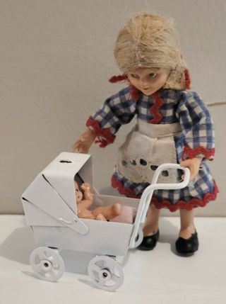 Vintage German Schildkrot Huckel Bendy Dolls House Girl Doll With Dolly In Pram