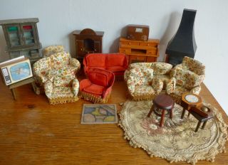 Vintage Dolls House Furniture Lundby Sofa Chair Rug Tv Fireplace Bookcase