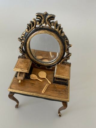 Miniature Wooden Vanity Table With Mirror And Vanity Items - Scale 1:12