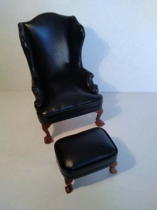 Dollhouse Miniature Black Leather High Back Arm Chair With Ottoman