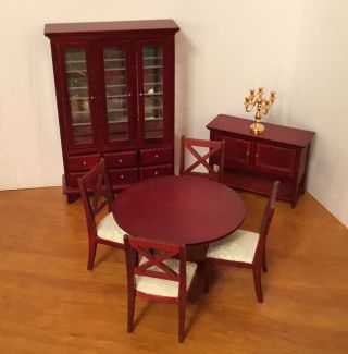 Vtg Set Wooden Dollhouse Table,  4 Chairs,  Buffet,  China Cabinet,  Candles,