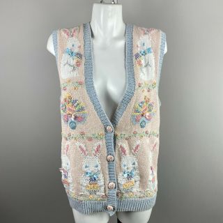 Vtg 90s Pastel Pink Blue Easter Bunny Floral Knit Button Sweater Vest Size Med