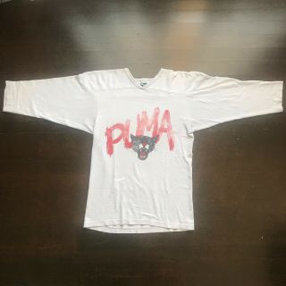 Vintage Puma Brand Black Cat Logo Gray T Shirt 3/4 Sleeve Mens Made In Usa 80s