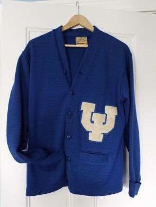 Vintage Upper Iowa College Letter Sweater Blue Wool H.  L.  Whiting Benson Fayette