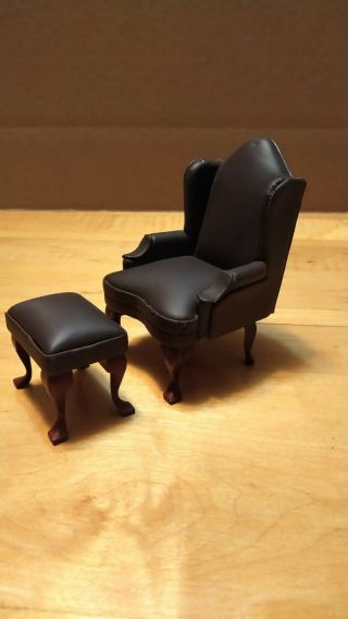 Dollhouse Miniature Leather High Back Arm Chair With Ottoman Brown Matte
