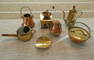 Vintage Metal Doll House Miniature Copper Brass Tone Pots Pans Cookware 7 Piece