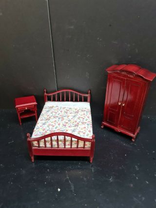 Dolls House Furniture Mahogany Double Bed/wardrobe/side Table 1.  12th V