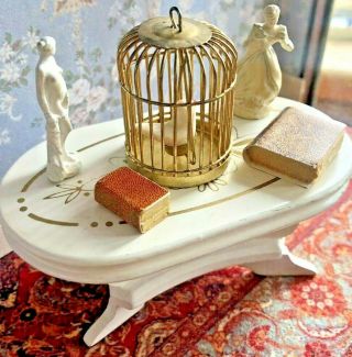Vintage Dolls House Item.  Table,  Brass Bird Cage,  Books And Metal Statues.